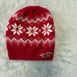 Red and White Knit Hollister Beanie with Snowflake Pattern